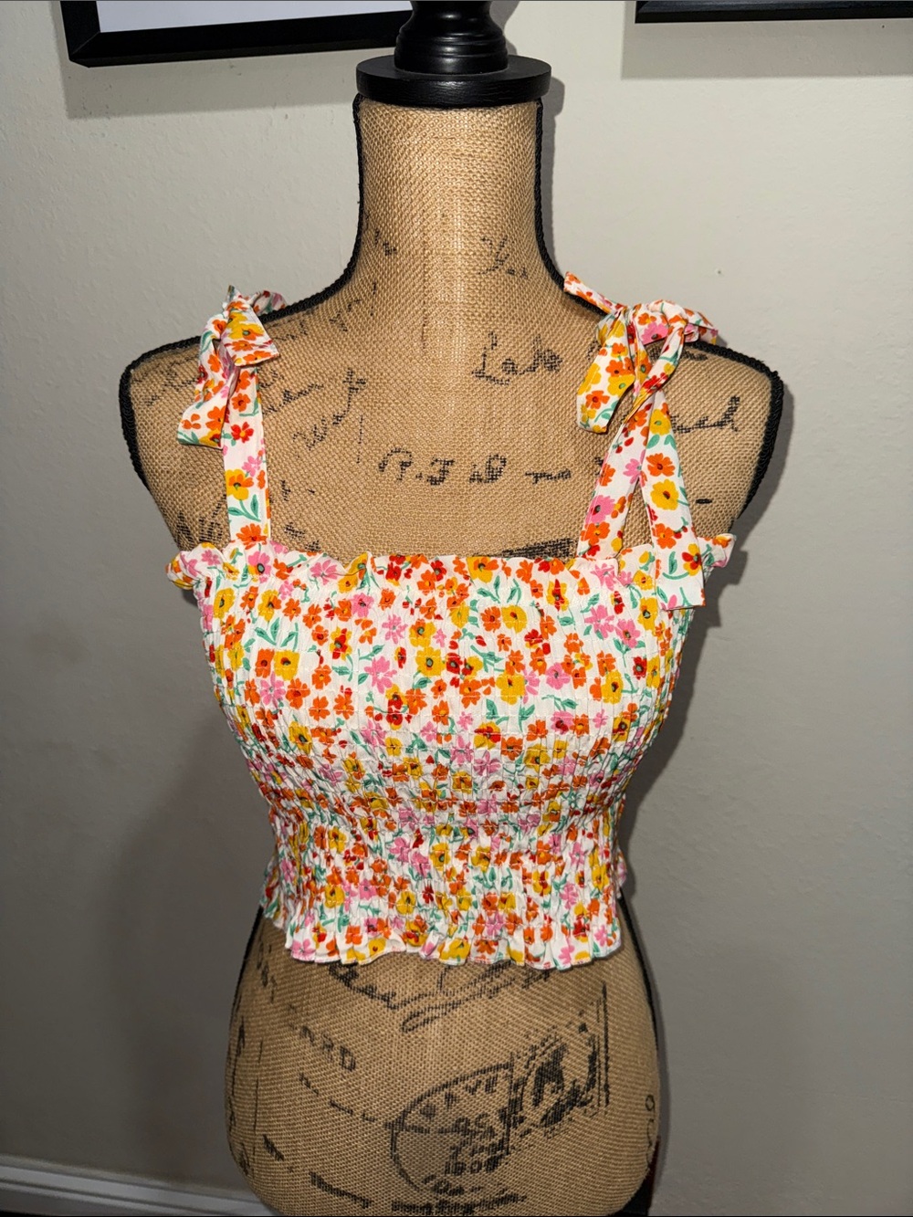 Ash Floral Tie-Shoulder Smocked Crop Top - White, Orange, Yellow, Pink, Green